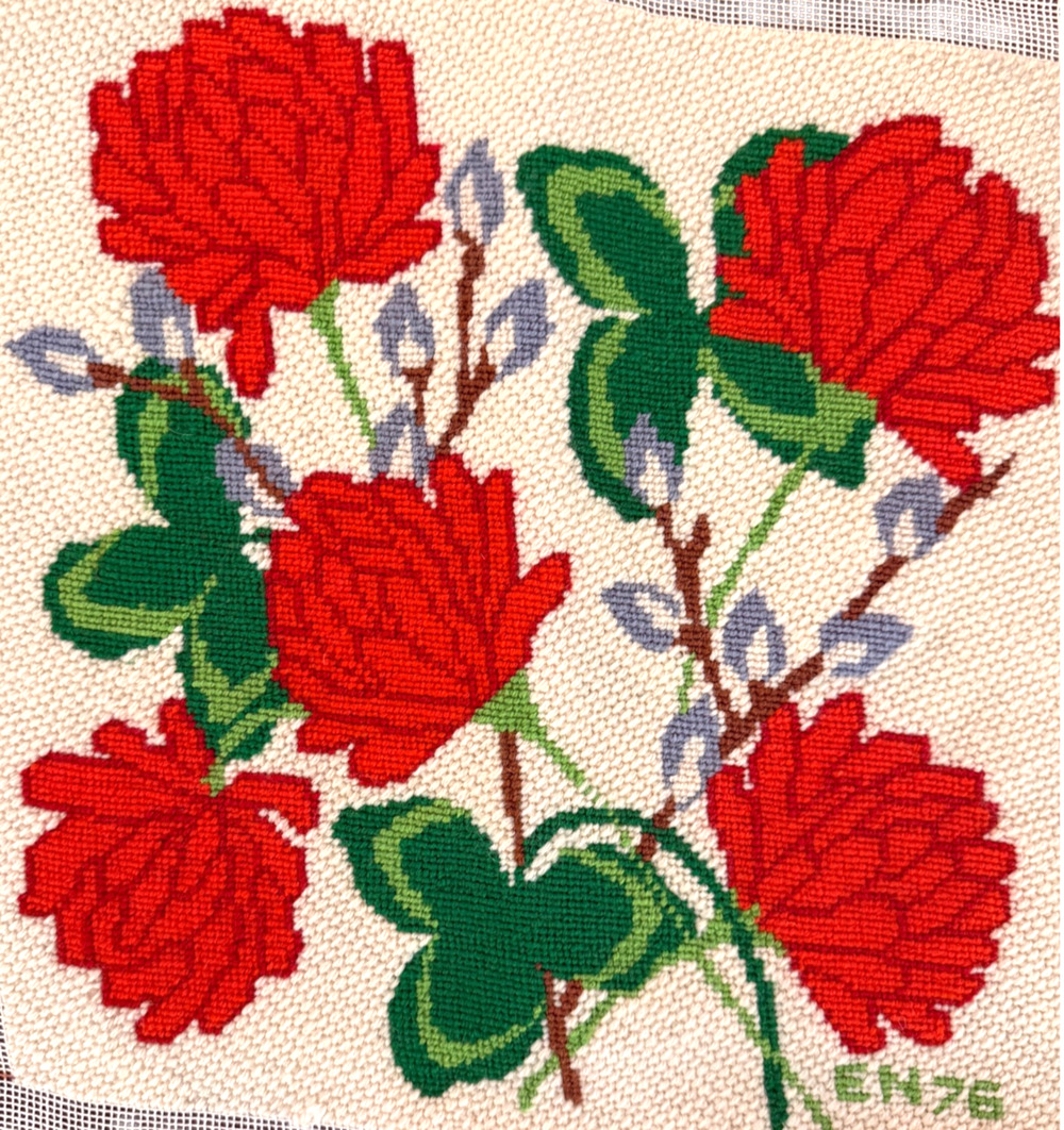 Vintage Finished Needlepoint Canvas Floral Peony Dahlia Design 13.5" Preworked